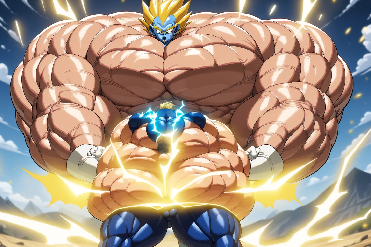 1boy, Vegeta, from Dragon Ball Z, masterpiece, best quality, very aesthetic, absurdres, saiyan, green eyes, spiked hair, (yellow hair:1.5), shirtless, blue skintight pants, white gloves, (huge muscles:3.5), dragonballartstyle, in the style of Akira Toriyama, white tiled floor, outdoors, flat-top mountains, nipples, yellow aura, electricity, (blue skintight pants:2)