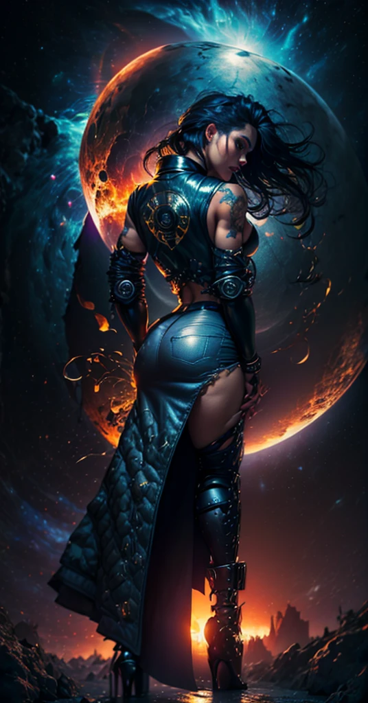 Tall Tough tattooed 40yo latina biker chick, Adult Model Daisy Marie with two strong legs dancing swirling twirling almost collapsing on Saturn's moon Calisto, looking like a creation that could actually survive there, wearing black leather graphics jacket and long leather-like denim dress that touches the ground split in the middle for riding, magic, art, wind, wind blown, spark, lightshow, fireflies, watching the rise of the distant Sun, with Saturn fully visible in the foreground, 36k resolution Kodak professional photography, hyperdetailed, Waiting to start