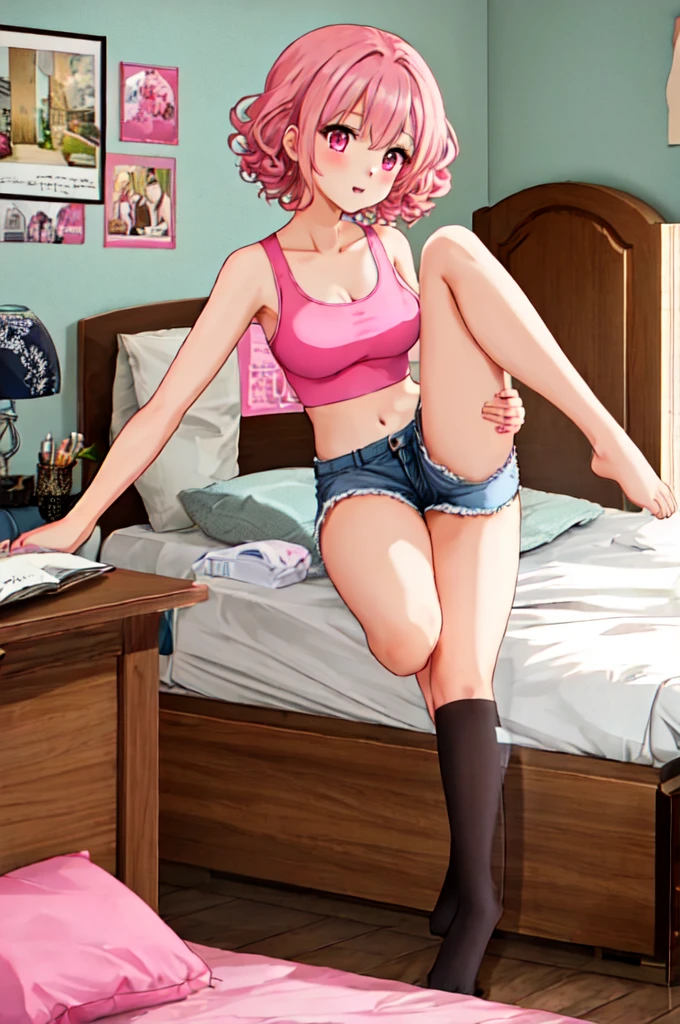 Anime Style, Sexy Woman, 20 years old, short pink curly hair, pink eyes, medium bust, pink crop top, pink short shorts, sitting on bed with her legs up, in bedroom, wall covered in posters, floor is a mess, bed is not made, window looking out into city.