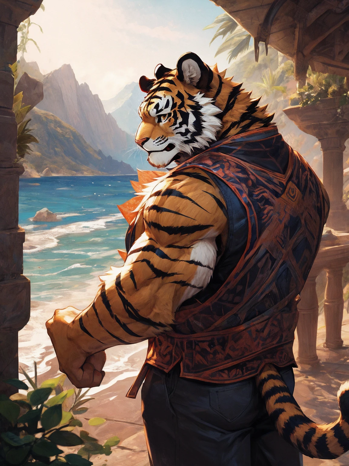 masterpiece, best quality, whole body照,whole body,1Male furry tiger furry alone, 23 years old, aldult,Sunlight shines through the crystal glass,The background is the sea and mountains