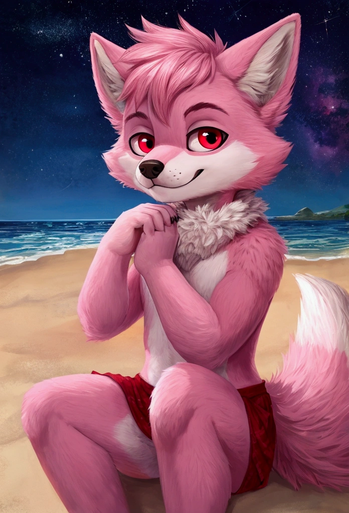 1boy, wolf, furry, ((fluffy tail)), The entire starry sky of the galaxy.,The flickering light of the stars,No limits,Fantastic view,a boy standing,Beautiful beach around, ((pink fur)), sitting on the sand looking at the sky, red eyes., 1tail, mean