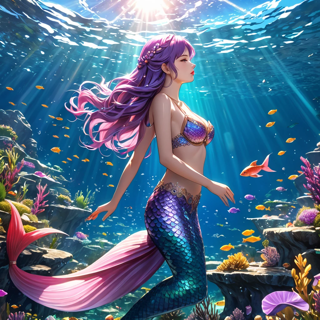 cute 20 year old mermaid with purple hair bind in a lose braid in the ocean below the surface talking to a fish in the sunlight, sun is shining, wears a purple glittery mermaid bra, beautiful mermaid, beautiful detailed human face, red lips, alluring eyes, elaborated mermaid pink purple tail, serene, masterpiece, full body shot, highres, high resolution, high quality, intricate details, extremely detailed, incredible details, full colored, complex details, insanely detailed and intricate, extremely detailed with rich colors. masterpiece, best quality, HDR, UHD, unreal engine, High quality, gorgeous, glamorous, 8k, super detail, gorgeous light and shadow, detailed decoration, detailed lines, glittery, fantasy, pretty colors, anime style