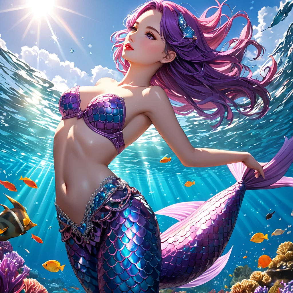 cute 20 year old mermaid with purple hair bind in a lose braid in the ocean below the surface talking to a fish in the sunlight, sun is shining, wears a purple glittery mermaid bra, beautiful mermaid, beautiful detailed human face, red lips, alluring eyes, elaborated mermaid pink purple tail, serene, masterpiece, full body shot, highres, high resolution, high quality, intricate details, extremely detailed, incredible details, full colored, complex details, insanely detailed and intricate, extremely detailed with rich colors. masterpiece, best quality, HDR, UHD, unreal engine, High quality, gorgeous, glamorous, 8k, super detail, gorgeous light and shadow, detailed decoration, detailed lines, glittery, fantasy, pretty colors, anime style