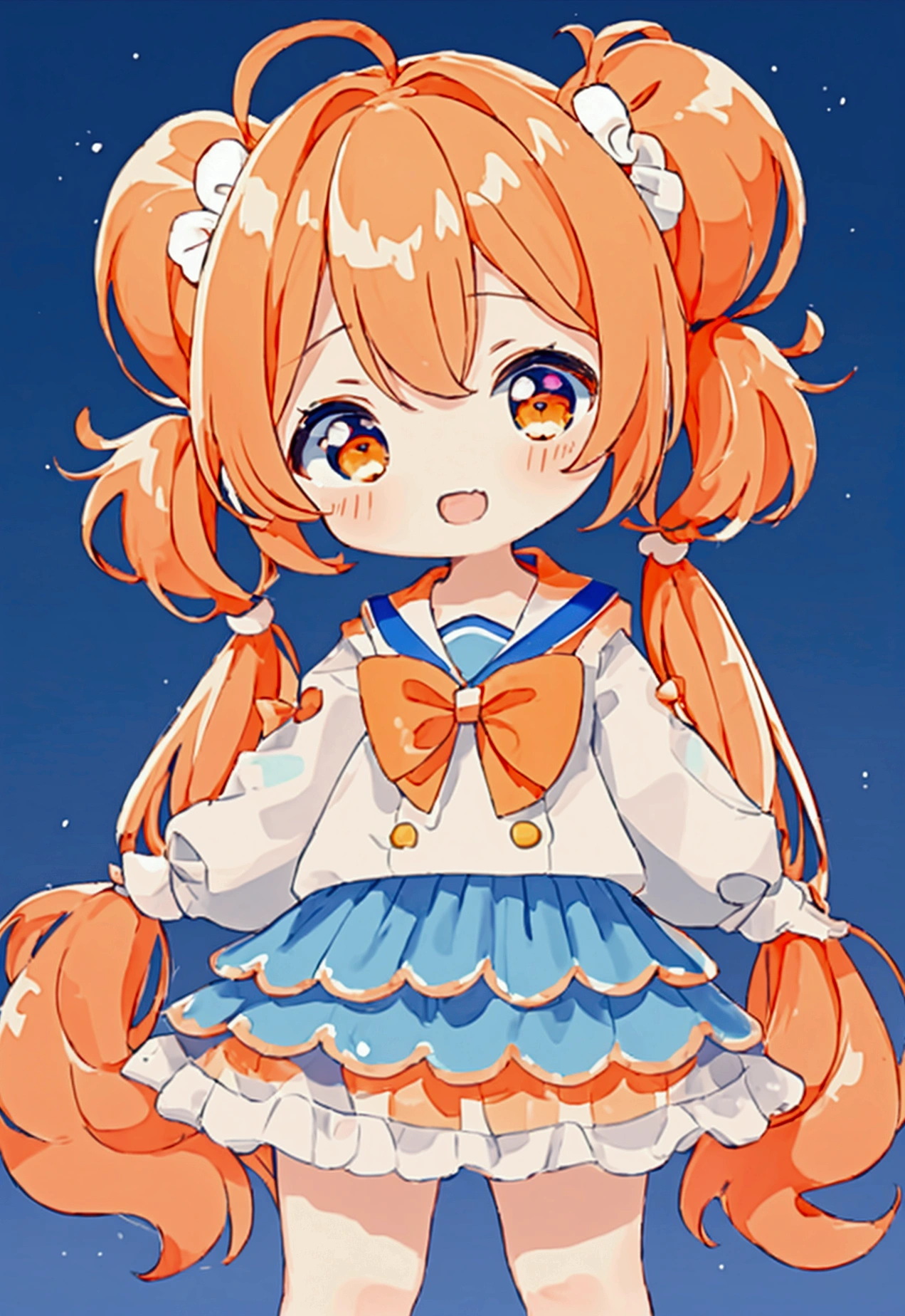 (high quality:1.6, 最high quality:1.6, detailed, 4K), (Cute style chibi girl,Twin tails,drop,soft, colorful, delicate, Expressive, texture, sharp, Navy and Orange)
