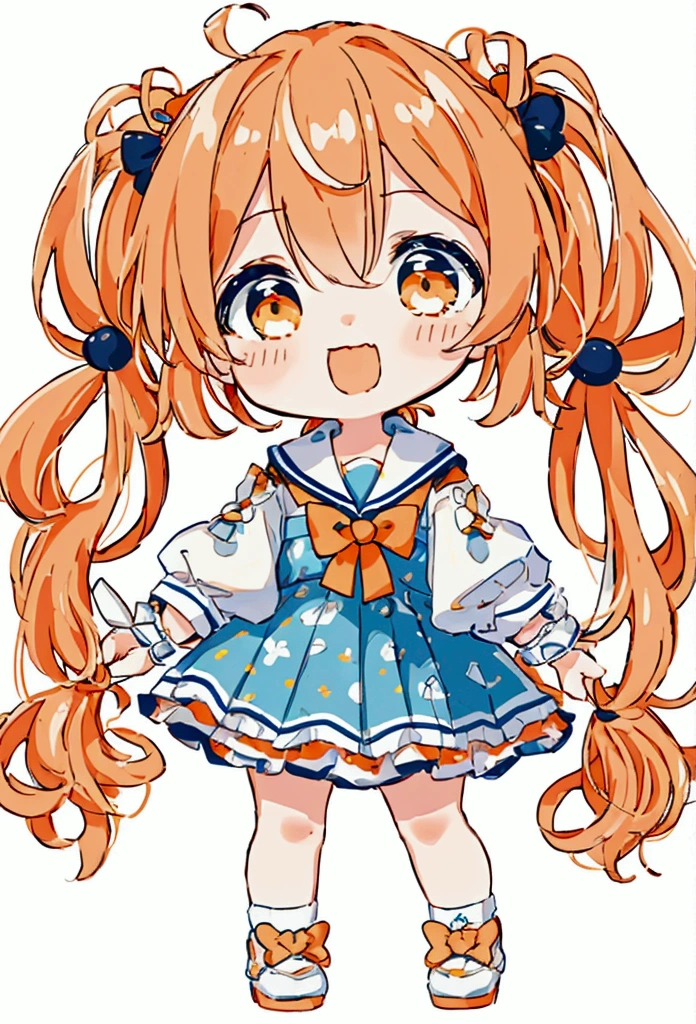 (high quality:1.6, 最high quality:1.6, detailed, 4K), (Cute style chibi girl,Twin tails,drop,soft, colorful, delicate, Expressive, texture, sharp, Navy and Orange)