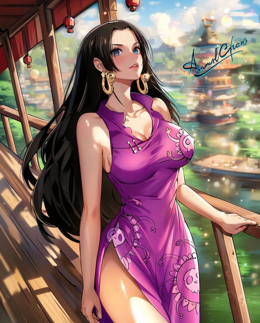 1girl,long hair,sitting,dress,solo,crown,black hair,braid,watermark,lips,blurry,indoors,realistic,bare shoulders,tiara,brown hair,breasts,makeup,curly hair,jewelry,gem,peacock style,glow,