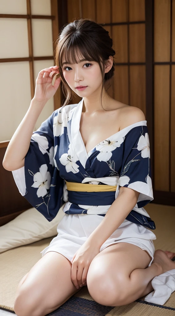 Highest quality, figure, Super detailed, In detail, High resolution, 8k wallpaper, Perfect dynamic composition, Beautiful attention to detail, Japanese Beauty、Brown Hair、Sleeping in a pile、Pitch-Dark Room、Japanese-style room、Yukata at a Ryokan、barefoot、White panties visible from the bottom of the yukata、Yukata comes off、Sleeping on your back、Spread your legs