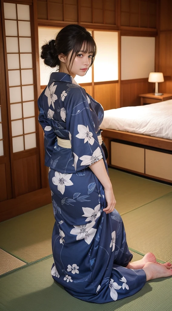 Highest quality, figure, Super detailed, In detail, High resolution, 8k wallpaper, Perfect dynamic composition, Beautiful attention to detail, Japanese Beauty、Brown Hair、Sleeping in a pile、Pitch-Dark Room、Japanese-style room、Yukata at a Ryokan、barefoot、White panties visible from the bottom of the yukata、Yukata comes off、Sleeping on your back、Spread your legs