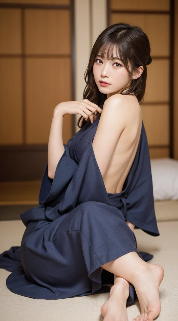 Highest quality, figure, Super detailed, In detail, High resolution, 8k wallpaper, Perfect dynamic composition, Beautiful attention to detail, Japanese Beauty、Brown Hair、Sleeping in a pile、Pitch-Dark Room、Japanese-style room、Yukata at a Ryokan、barefoot、White panties visible from the bottom of the yukata、Yukata comes off、Sleeping on your back、Spread your legs