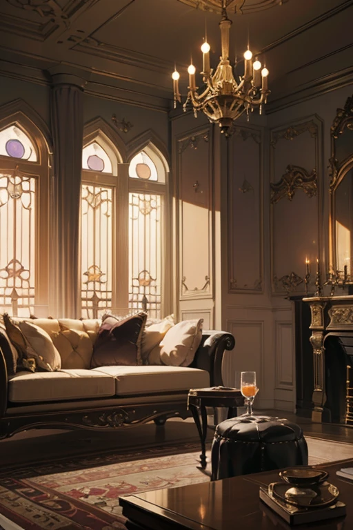 Interior, victorian Manor with reliquies, (((Nigth))), (((moonligth enters the living room))) soft pale orange palette, soft violet secundary exterior ligth
