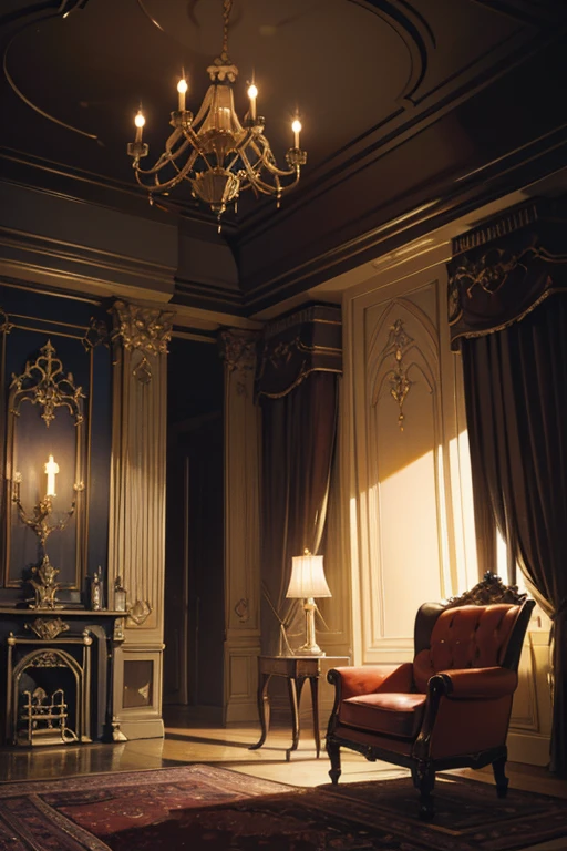 Interior, victorian Manor with reliquies, (((Nigth))), (((moonligth enters the living room))) soft pale orange palette, soft violet secundary exterior ligth 