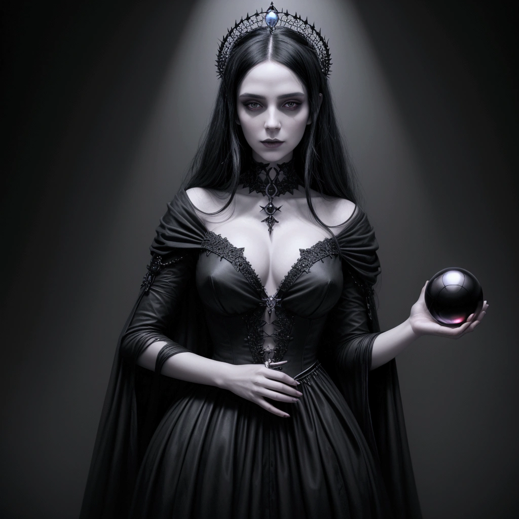 arafed woman in a black dress holding a crystal ball, dark fantasy female magician, artistic style tom bagshaw, portrait of a black witch, dark sorceress, Art style of Tom Bagshaw, tom bagshaw weta studio, gothic maiden of the dark, gothic fantasy art, a beautiful sorceress, beautiful and elegant demon queen, beautiful vampire female queen