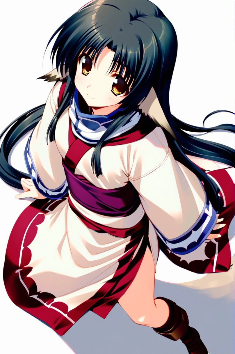 Amaduyu Tatsuki style, One girl, Animal ears, alone, tail, Ainu clothing, Long Hair, smile, Lie in, View your viewers, White Background, Long sleeve, behind, Simple Background, bangs, Dog Ears, sash, Black Hair, Brown footwear, From above, Raise the hand, whole body, Brown eyes, Layered sleeves, Mouth closed, parted bangs, very Long Hair, dog tail, Shadow,