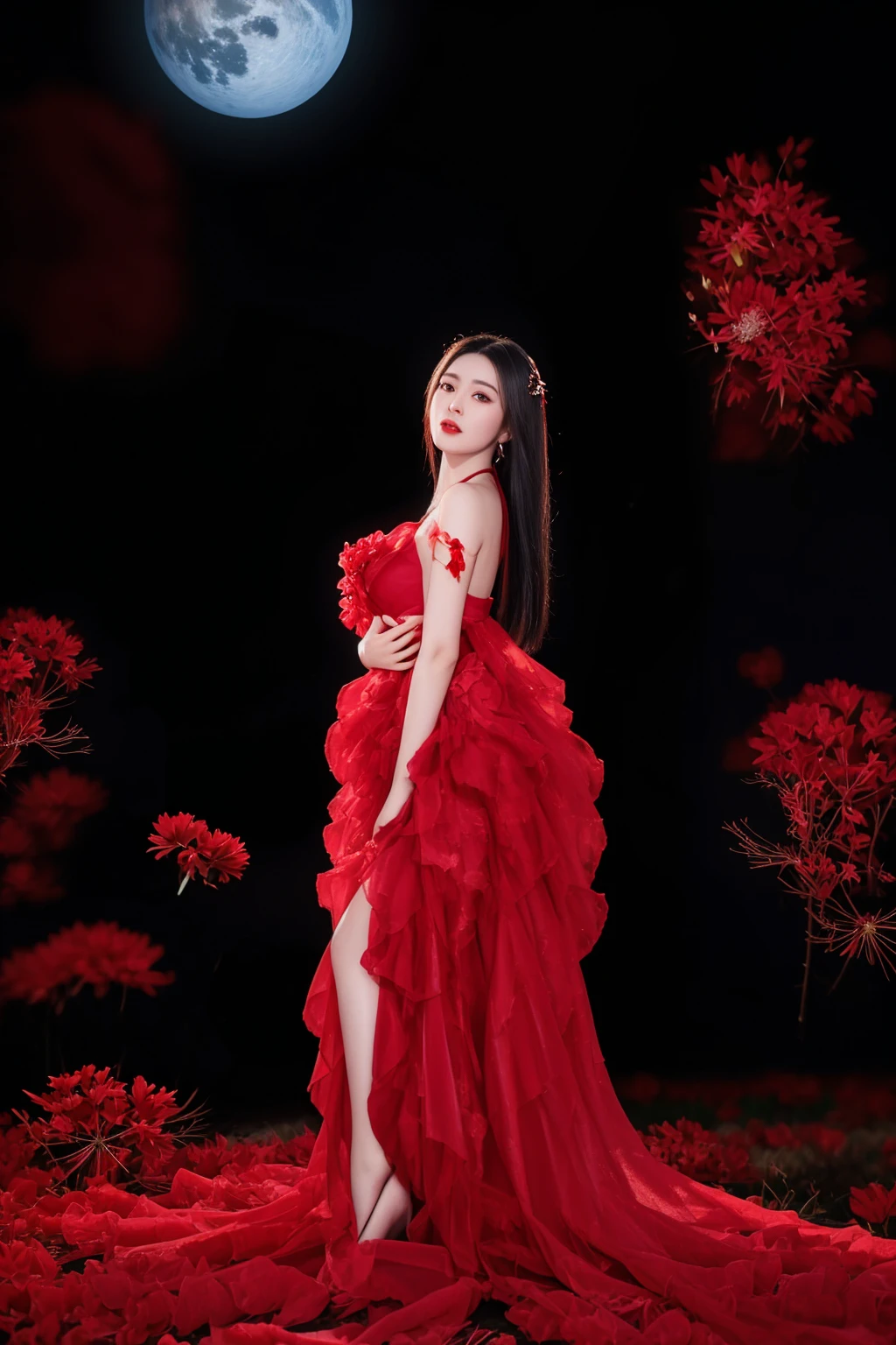 arafed woman in a red dress standing in a field of flowers, full body xianxia, wearing a red cheongsam, inspired by Huang Ji, girl wears a red dress, in red background, celestial red flowers vibe, ao dai, red clothes, sha xi, fantasy photoshoot, full body photoshoot, wearing red attire, wearing red dress, all red