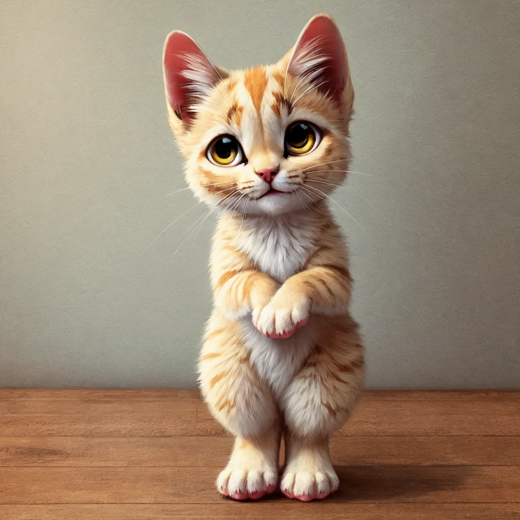 a small, furry kitten with curious eyes and pointy ears.  He is standing tall, looking confident and cute at the same time.  His delicate paws are lined up, and he looks like he's about to say “yes” to the camera.  A real cutie!