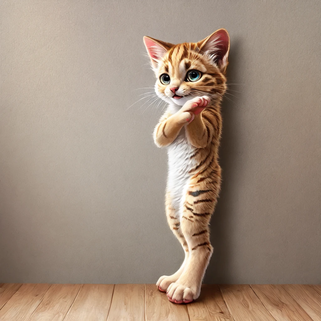 a small, furry kitten with curious eyes and pointy ears. He is standing tall, looking confident and cute at the same time. His delicate paws are lined up, and he looks like he's about to say “yes” to the camera. A real cutie!