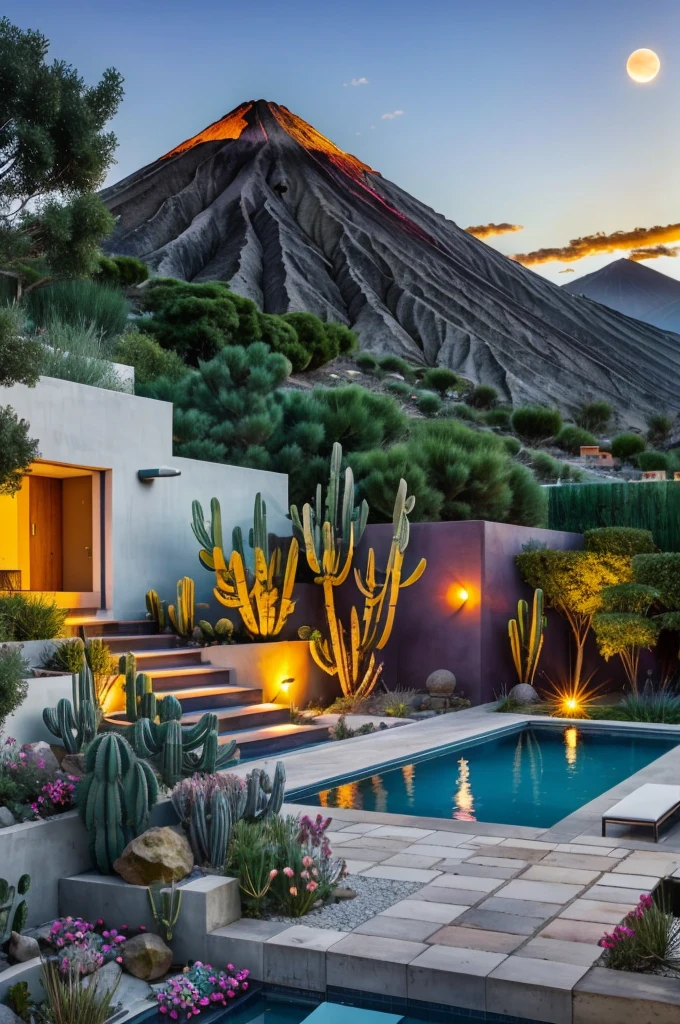 Multiple houses, brutalism style, Luis Barragán, Mountains in background, river, pool, terraces, stairs, garden terraces, trees, beautiful clouds, moon, sun, detailed, cacti, boulders, volcanic rocks, fuggy, river, lake, Violet, orange, olive green, blue, magenta, amazing volcano in horizont, beautiful garden design
