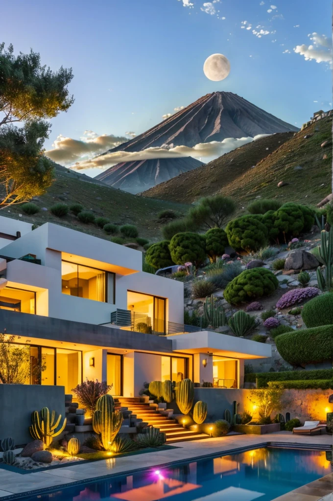 Multiple houses, brutalism style, Luis Barragán, Mountains in background, river, pool, terraces, stairs, garden terraces, trees, beautiful clouds, moon, sun, detailed, cacti, boulders, volcanic rocks, fuggy, river, lake, Violet, orange, olive green, blue, magenta, amazing volcano in horizont, beautiful garden design