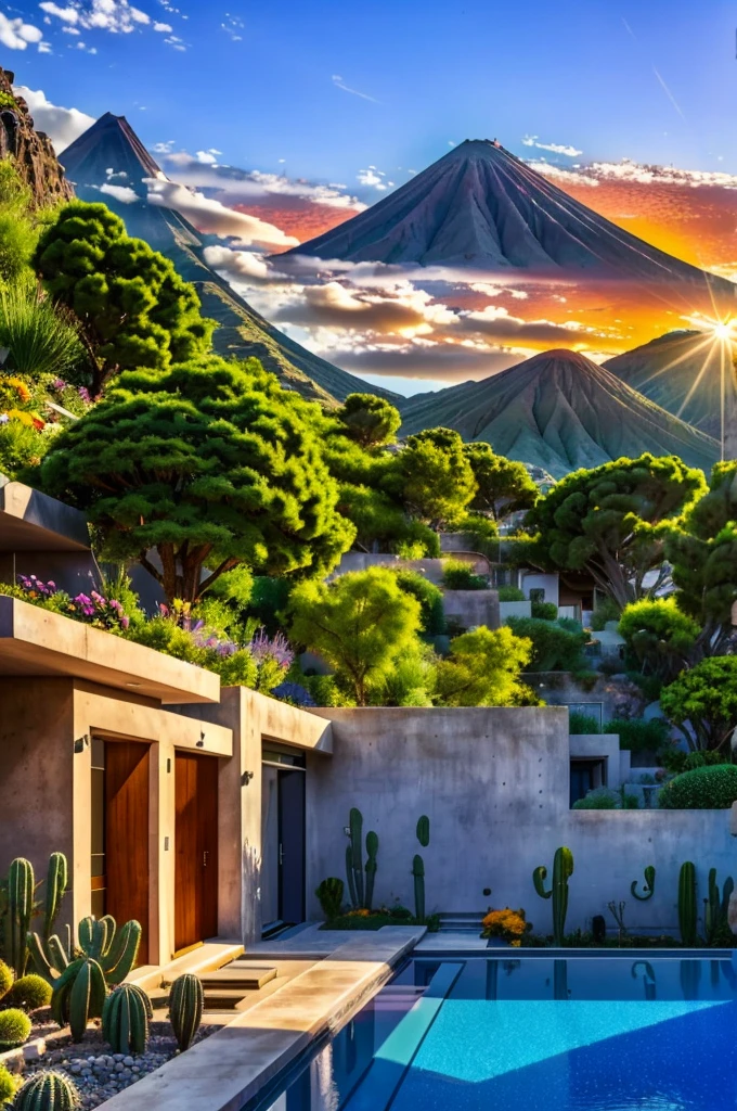 Multiple houses, brutalism style, Luis Barragán, Mountains in background, river, pool, terraces, stairs, garden terraces, trees, beautiful clouds, moon, sun, detailed, cacti, boulders, volcanic rocks, fuggy, river, lake, Violet, orange, olive green, blue, magenta, amazing volcano in horizont, beautiful garden design