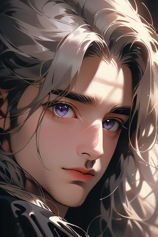 1 men, Calm, 35 year old guy, messy short with bangs, White hair, amethyst eyes, royaltly, tenet, black clothing, in a castle, close up, medieval times