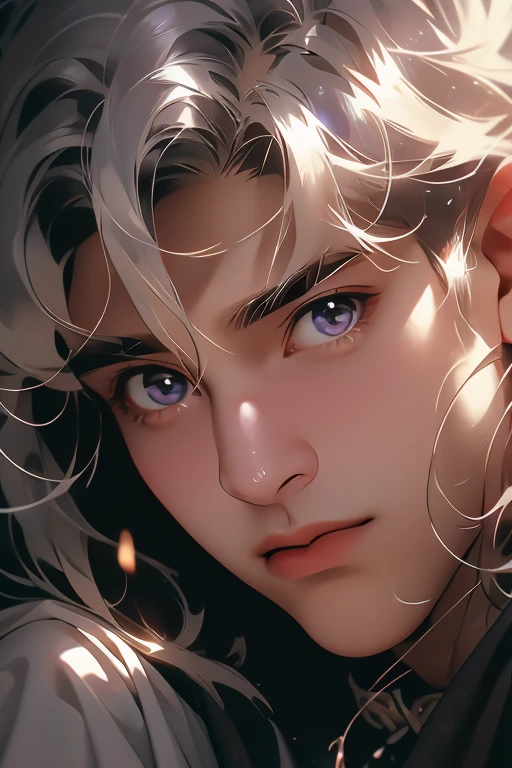 1 men, Calm, 35 year old guy, messy short with bangs, White hair, amethyst eyes, royaltly, tenet, black clothing, in a castle, close up, medieval times