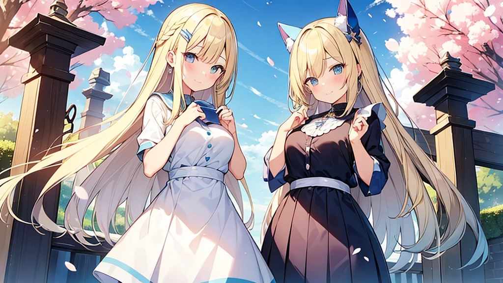 Are standing.Tabletop, (masterpiece,Highest quality:1.2),shape, wallpaper, Very detailed, A ridiculously beautiful sky, 1, (blonde,Two-tone hair,Blue inner color hair:1.5), Very detailed and beautiful eyes , Hair blowing in the wind、:○、Small Head、Beautiful blue sky、(Panorama:1.5),Hearts are drawn in the eyes,Twin tail hairstyle,beautiful girl,pretty girl,smile,look up,Large Breasts,White and light blue ruffle dress,Gal,Place your hands behind your back,She has two blue hairpins in her hair.,Many cherry blossoms are falling