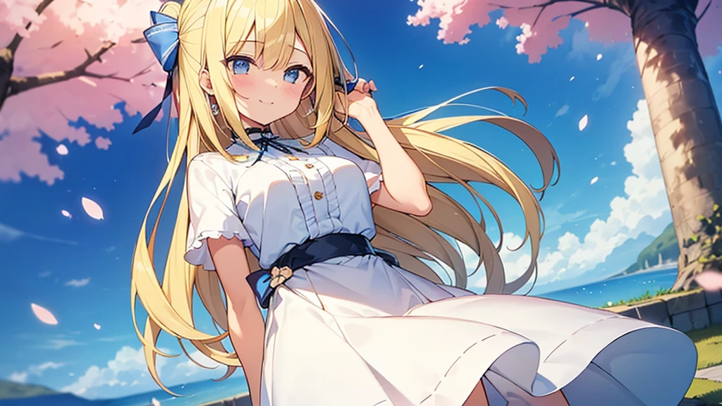 Are standing.Tabletop, (masterpiece,Highest quality:1.2),shape, wallpaper, Very detailed, A ridiculously beautiful sky, 1, (blonde,Two-tone hair,Blue inner color hair:1.5), Very detailed and beautiful eyes , Hair blowing in the wind、:○、Small Head、Beautiful blue sky、(Panorama:1.5),Hearts are drawn in the eyes,Twin tail hairstyle,beautiful girl,pretty girl,smile,look up,Large Breasts,White and light blue ruffle dress,Gal,Place your hands behind your back,She has two blue hairpins in her hair.,Many cherry blossoms are falling
