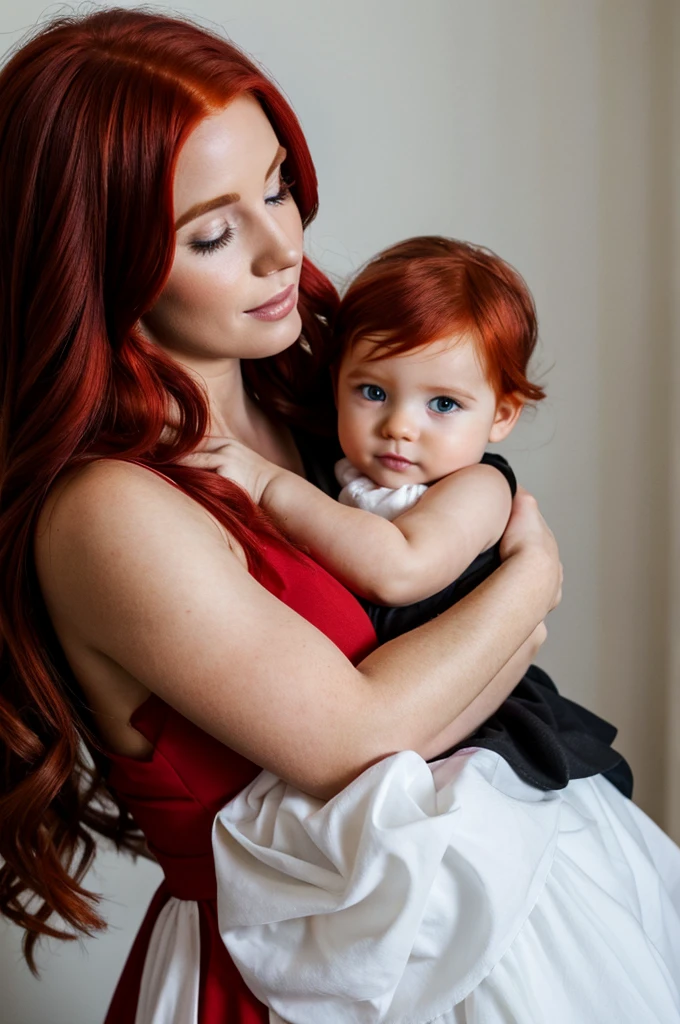 A RED-HAIRED WOMAN IN A DRESS HOLDING A BLACK BABY ON HER WHITE 4K ULTRA REALISTIC PHOTO