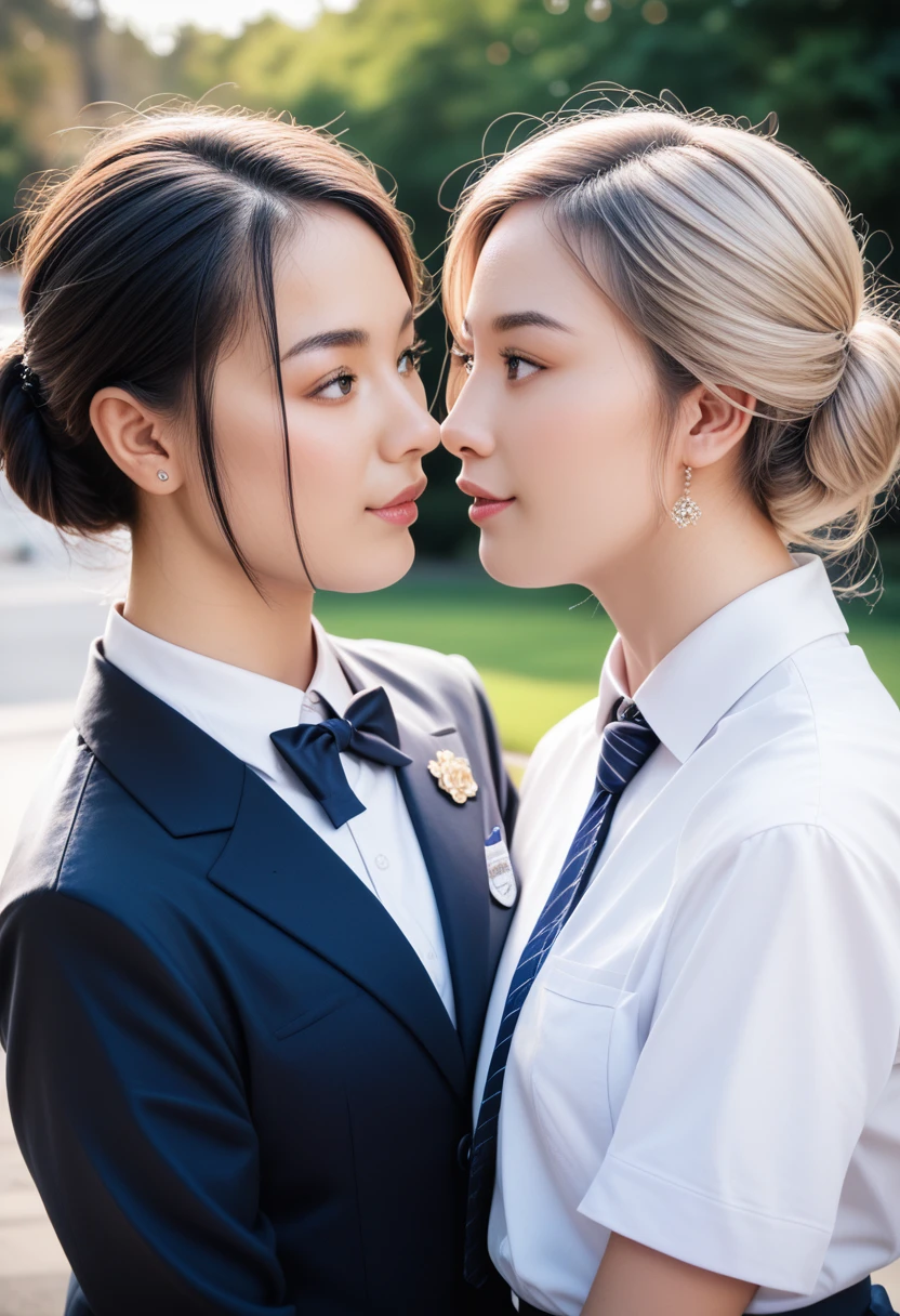 8k, raw photo, best quality, masterpiece, realistic, photo realistic, clear, professional lighting, beautiful face, best quality,ultra high res, realistic japanese beautiful, Super detailed, 1girl, outdoor, looking at another