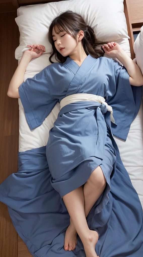 Highest quality, figure, Super detailed, In detail, High resolution, 8k wallpaper, Perfect dynamic composition, Beautiful attention to detail, Japanese Beauty、Brown Hair、Sleeping in a pile、Pitch-Dark Room、Japanese-style room、Yukata at a Ryokan、barefoot、White panties visible from the bottom of the yukata、Yukata comes off、Sleeping on your back、Spread your legs