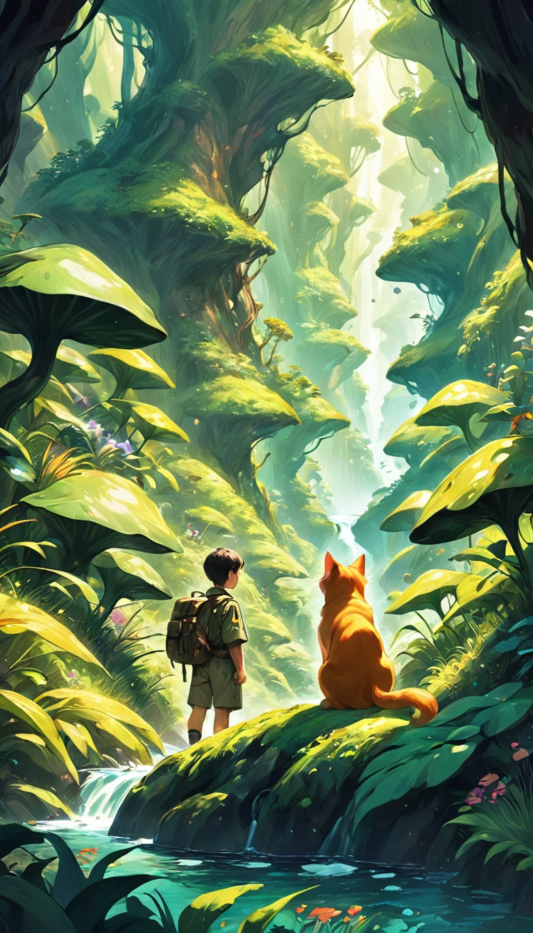 Close-up of dog and a boy wearing expedition camouflage uniforms with backpacks and binoculars standing in the deep mountain jungle, Beautiful light and shadow in deep forest exploration, Strange flowers, exotic grasses, mountain streams, Ghibli art style, Studio Ghibli illustrations, studio Ghibli art style, very beautiful cute , Ghibli art style, Lovely digital painting, Ghibli inspiration, Studio Ghibli Art, Hayao Miyazaki, cute anime , Realistic anime cat, Orange cat