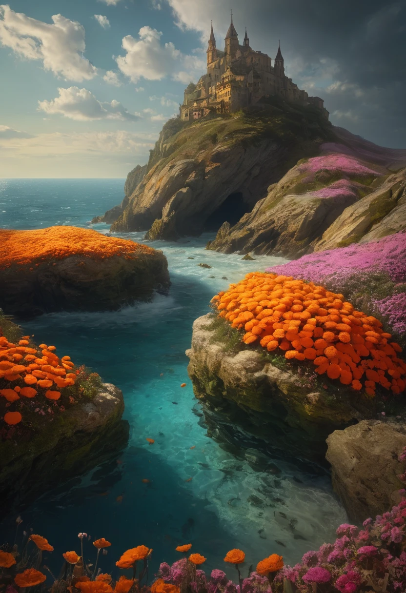 Mer de fleurs, par Michal Karcz, Meilleure qualité, chef-d'œuvre, Travail représentatif, art officiel, professionnel, Détails ultra complexes, 8k, Single Rap, Title : "Sonorité", Man Smoking blunt in the background