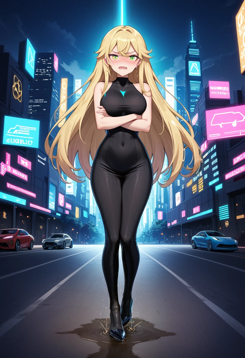 (high quality,Very detailed:1.37, High resolution), Woman, (very long hair:1.5), blonde hair, (multicolored eyes:1.5), blue eyes, yellow eyes, large breasts, (wetting herself:1.5), standing, (long tight dress:1.5), (arms crossed:1.5), (embarrassed:1.5), (humiliation:1.5), (angry:1.25), (blushing:1.5), open mouth, Cyberpunk Style, Cyberpunk Cityscape, Neon Light, High-tech accessories, Meticulous details, (extremely detailed eys:1.37), Glowing LED pattern, Urban scenery, Futuristic elements, Mysterious Aura, ,Flying cars racing through the air, Holographic Advertising, Visually stunning architecture, Energetic and dynamic poses, Gives off a powerful aura, The cityscape reflected in her metallic eyes, Graceful movement amidst chaos, A moonlit sky with a futuristic hue, Pulsating Electronic Soundtrack, Enhanced Augmented Reality Overlays, Interacting with virtual objects in the environment