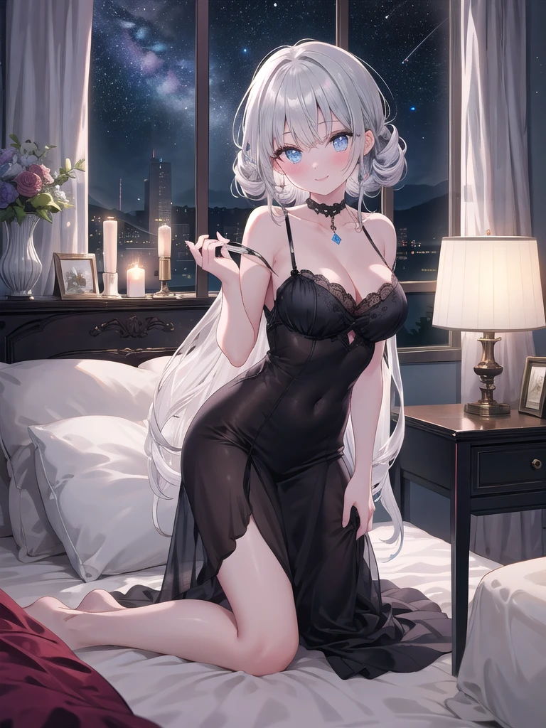 (8k, best quality, master piece: 1.2),super high resolution,1 girl, solo, ((colorshift eyes, hyperdetailed, expressive eyes)), ultra-detailed face, random hair, silver gray color, Ecstatic expression,A dim light is placed on the bedside table, and the light of the starry sky shines in through the window. The whole room exudes a quiet night atmosphere. A double bed with shining silk sheets. A classic clock and aromatic candles are placed on top. The glow of the starry sky illuminates the room with a mysterious air. Her silver hair hangs loosely in curls to one side. Her hands are placed on her knees, and she is relaxed, leaning slightly forward. Her cheeks are rosy, and she is smiling serenely. The shot is taken from an angle above, revealing her whole body and cleavage.