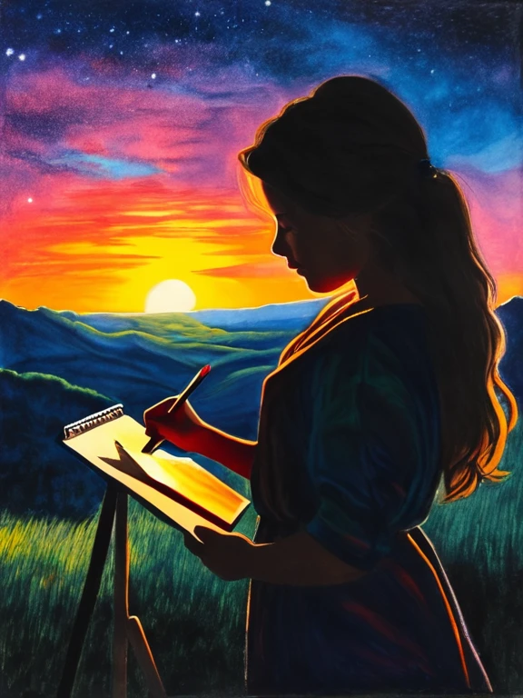 Charcoal drawing, crayons, silhouette,1girl, outdoors, night, night sky, sunset, lanscape