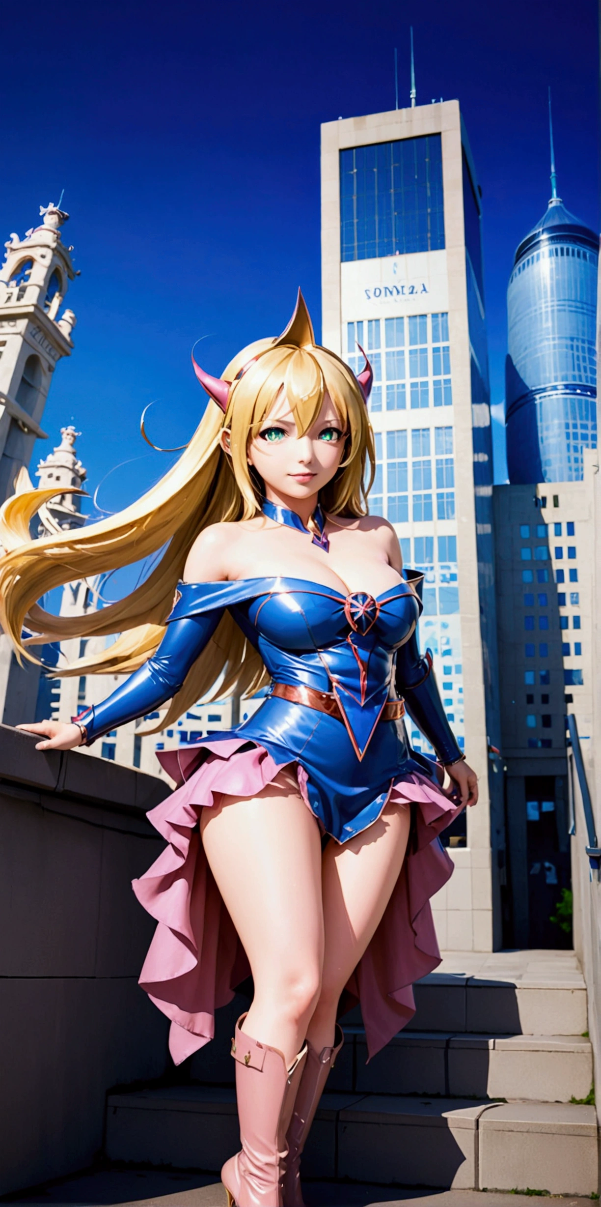 1 girl, realistic, dakimakura, Dark Magician girl cosplay, latex outfit, pink high heel boots, standing up, blonde long hair,  Best quality, masterpiece,