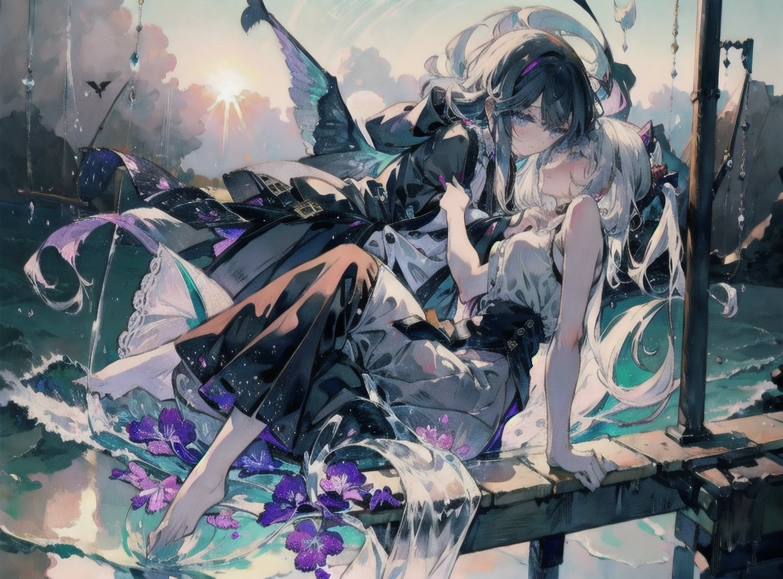 Light ink drawing,Two girls touching lips,A girl with purple hair,Transparent purple eyes,Another girl with yellow hair,Clear blue eyes,Medieval Lolita Style Clothing,Trench coat,Black and white grid,novel,Sit and hug,Look at each other affectionately,Cool,Clear,Violet,iris,Sunshine,Surrounded by greenery,Transparent stream flowing,Tyndall effect,Light up the fire,starlight:1.8,Clear shape,Detailed description of appearance:Perfect beautiful clear appearance,Normal human body,Transparent colors,Transparent green,Light color strokes,{{{Transparent color:3.3}}}softbrush:1.8,Transparent character details,Perfect light color,pure,Transparent colors,greenish blue,suspended congress, face focus, standing, hug, leg lock, breast press,straddling,arms around neck, {{Masterpiece:1.2}},lens flare,{{extremely detailed CG}},extremely detailed character,{an extremely delicate and beautiful},portrait,beautiful moving focus,dynamic angle,extreme detailed illustration,extremely detailed eyes and face,cinematic lighting,amazing,beautiful detailed sky,highly detailed,ultra detailed,acrylic painting,original,intricate detail