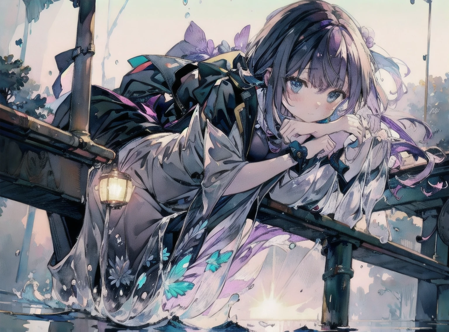 Light ink drawing,Two girls touching lips,A girl with purple hair,Transparent purple eyes,Another girl with yellow hair,Clear blue eyes,Medieval Lolita Style Clothing,Trench coat,Black and white grid,novel,Sit and hug,Look at each other affectionately,Cool,Clear,Violet,iris,Sunshine,Surrounded by greenery,Transparent stream flowing,Tyndall effect,Light up the fire,starlight:1.8,Clear shape,Detailed description of appearance:Perfect beautiful clear appearance,Normal human body,Transparent colors,Transparent green,Light color strokes,{{{Transparent color:3.3}}}softbrush:1.8,Transparent character details,Perfect light color,pure,Transparent colors,greenish blue,suspended congress, face focus, standing, hug, leg lock, breast press,straddling,arms around neck, {{Masterpiece:1.2}},lens flare,{{extremely detailed CG}},extremely detailed character,{an extremely delicate and beautiful},portrait,beautiful moving focus,dynamic angle,extreme detailed illustration,extremely detailed eyes and face,cinematic lighting,amazing,beautiful detailed sky,highly detailed,ultra detailed,acrylic painting,original,intricate detail