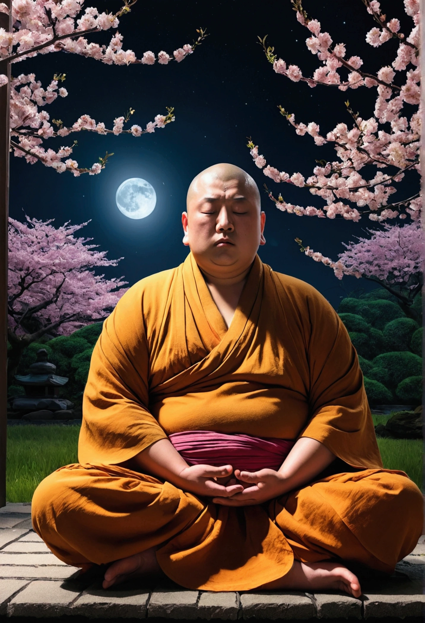 A slightly overweight monk is meditating, Cherry blossom garden at night, Full moon and lotus, close your eyes、The Buddha is watching、One Punch Man、Genuine、4K