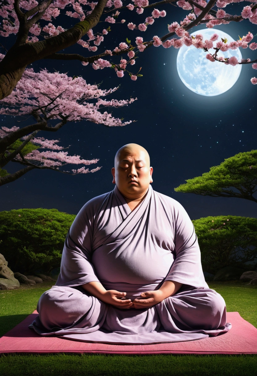 A slightly overweight monk is meditating, Cherry blossom garden at night, Full moon and lotus, close your eyes、The Buddha is watching、One Punch Man、Genuine、4K