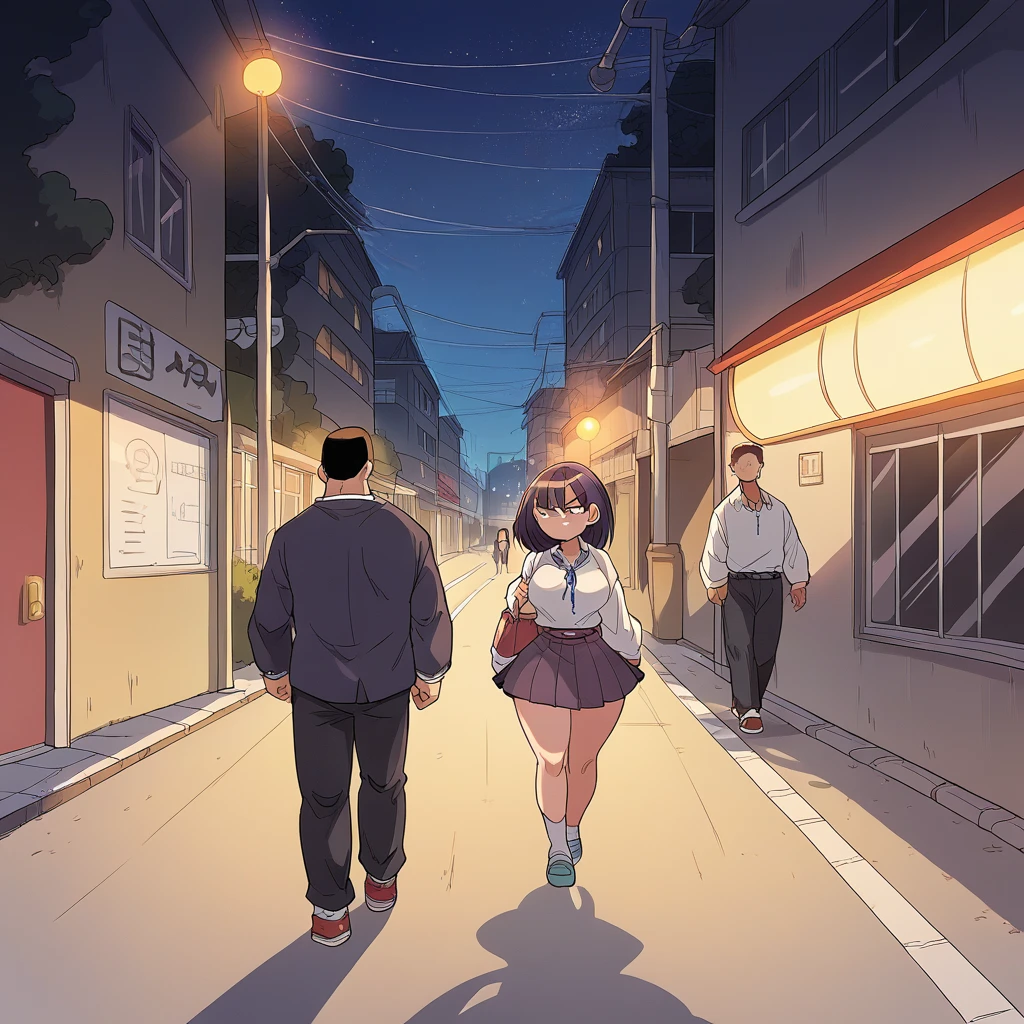 score_9, score_8_up, score_7_up,source_comic,BREAK
1school girl, big breast, wide hips, bubble booty, annoyed, at black man, following her, walking on street, night, rating_safe