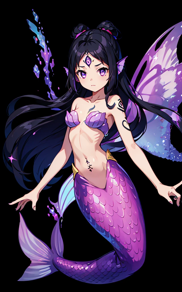 Female Mermaid, Black Hair, Purple Mermaid tail, Top, Ear Fins, RUNE TATTOOS