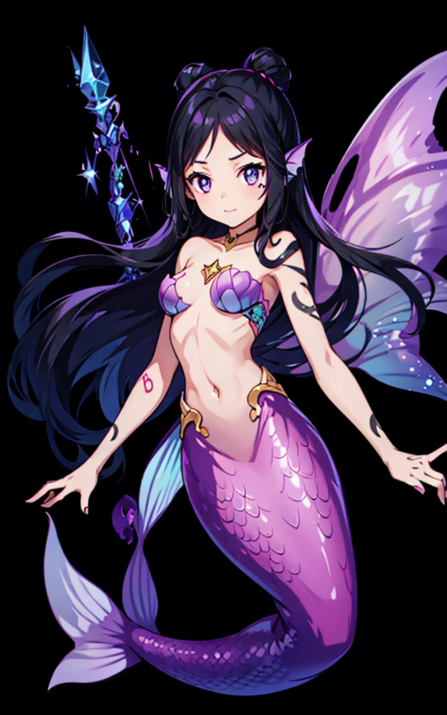 Female Mermaid, Black Hair, Purple Mermaid tail, Top, Ear Fins, RUNE TATTOOS