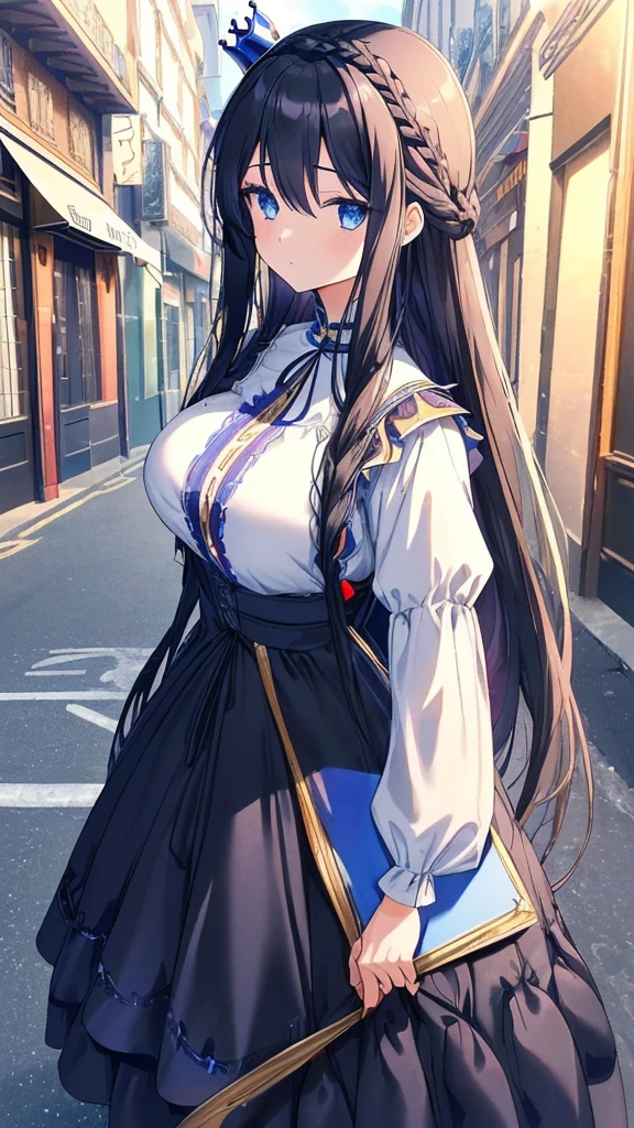 best quality, extremely detailed,anime style girl,long hair down to the waist, straight hair, ((dark black hair with bluish)),((crown braid)),beautiful detailed eyes, pinched eyes, (dark blue eyes),huge breasts,curvy,((((casual French princess dress)))),((colorful casual wear)),clothing with complex patterns,cool expression,((((crowded western street)))),Sunlight,((Diagonal angle))