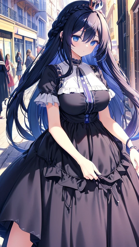 best quality, extremely detailed,anime style girl,long hair down to the waist, straight hair, ((dark black hair with bluish)),((crown braid)),beautiful detailed eyes, pinched eyes, (dark blue eyes),huge breasts,curvy,((((casual French princess dress)))),((colorful casual wear)),clothing with complex patterns,cool expression,((((crowded western street)))),Sunlight,((Diagonal angle))