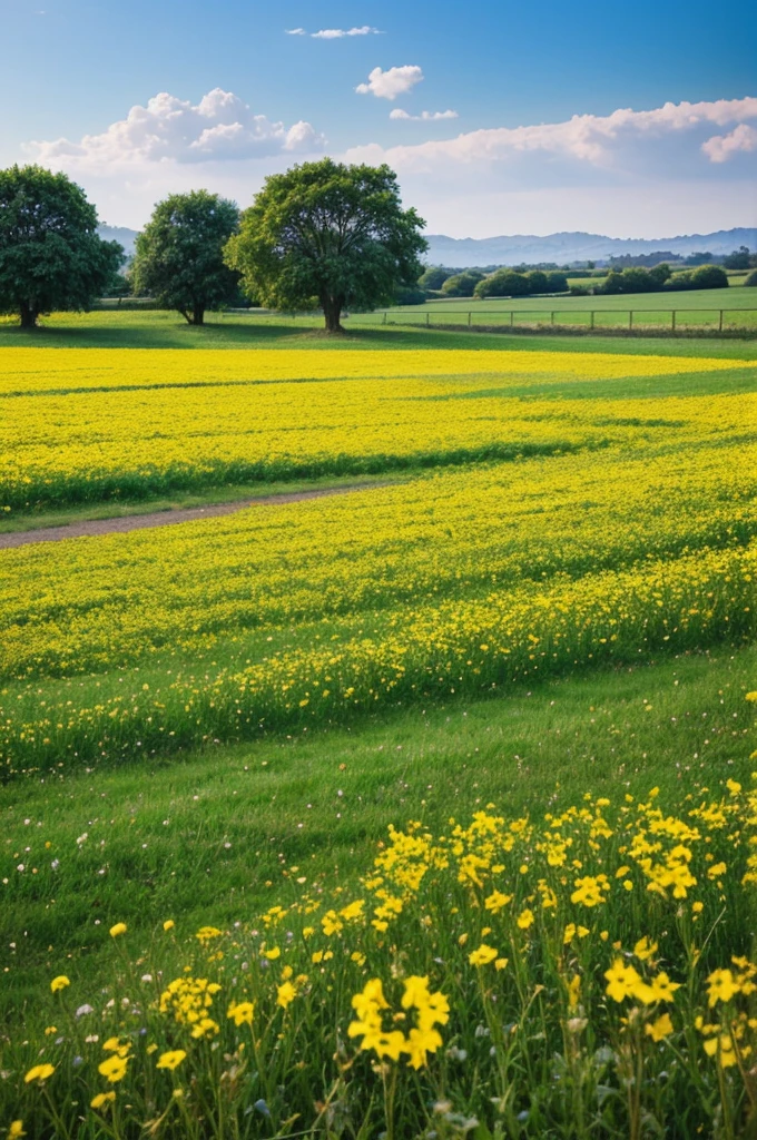 very beautiful field with lovely flowers in view, some of which are blooming, creating a stunning image. There is also a fruit tree visible with some fruit on it.