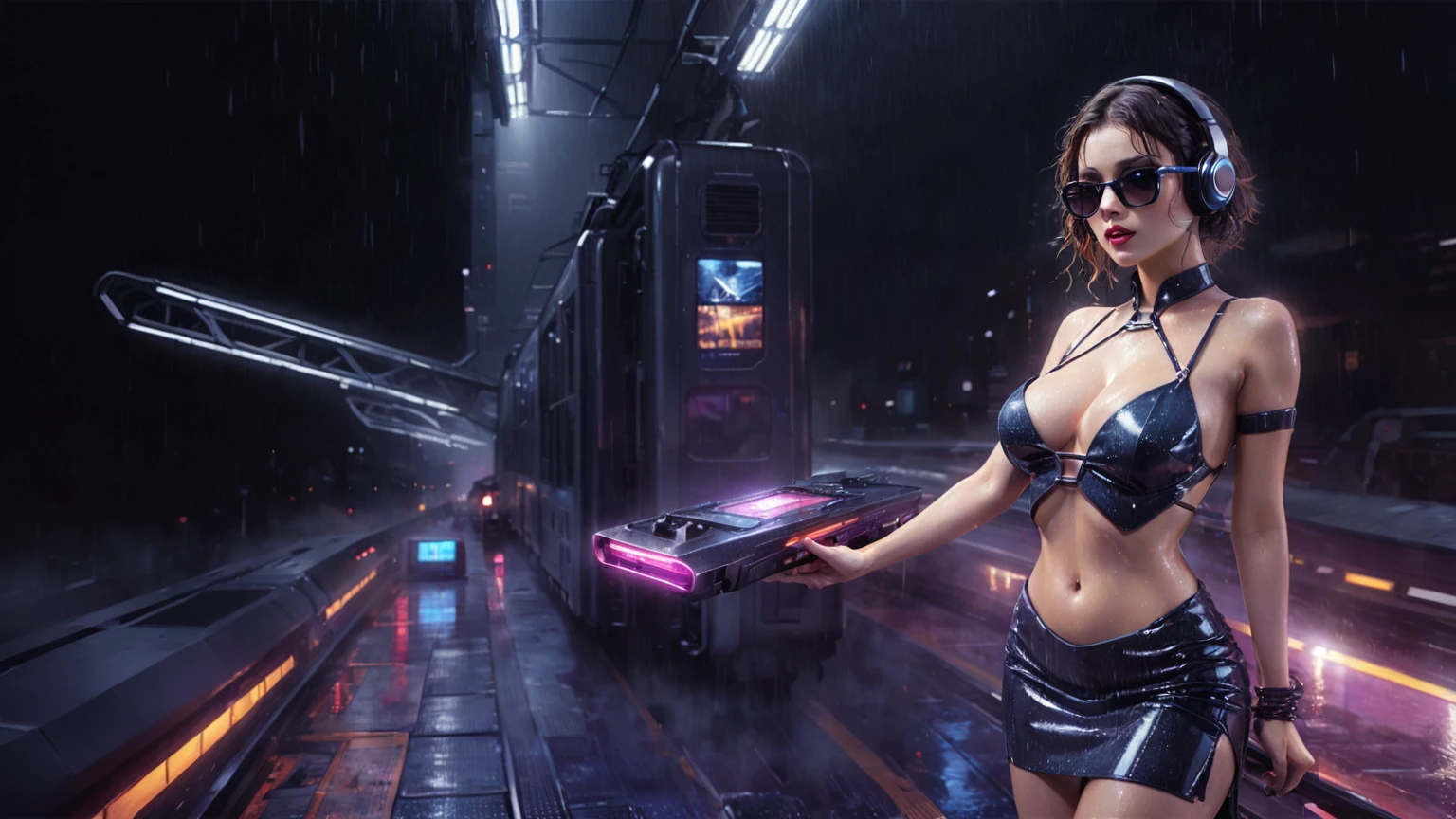 (((aerial view))), Blade Runner style futuristic railway platform, hi-tech train, neon lights, rainy night. (1girl, solo, alone), large-breast:1.2 slim body, cleavage:1.1, sexy wind blowing wet dress:1.4, headphone, (micro:0.8 black sunglasses), ((((((she raised a pistol:1.8 and shot:1.8 the viewer))))), dynamic pose, (((half-body thigh level medium shot))), cinematic lighting, lens flare, ray tracing, blurred:1.4 background.