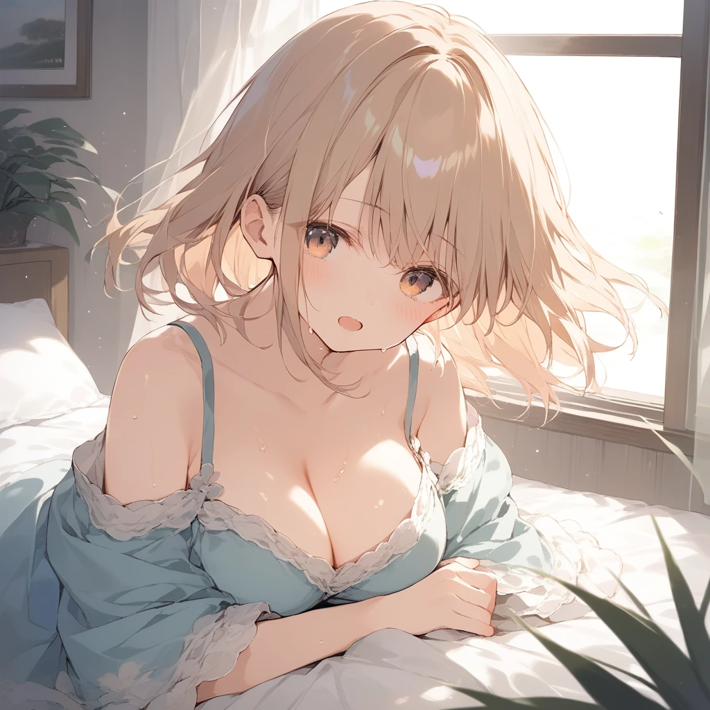 score_9, score_8_up, score_7_up, source_anime, best quality, masterpiece, official art, absurdres, highres, ultra-detailed,waifu2x,Collection: Slice of Life,break,1girl,mori girl, short hair, grasses, cleavage, large breasts, beautiful detailed eyes, sweat, open mouth, sleepily, indoors, bed, wind,break,(clear line illustration:1.2), super detailed skin,very high resolution, very aesthetic, Best sexual lighting powered by famous artist, 8k,cute picture,beauty illustration,photoshop_(medium),,(Detailed Lighting),best anime 8k konachan wallpaper, pixiv contest winner,