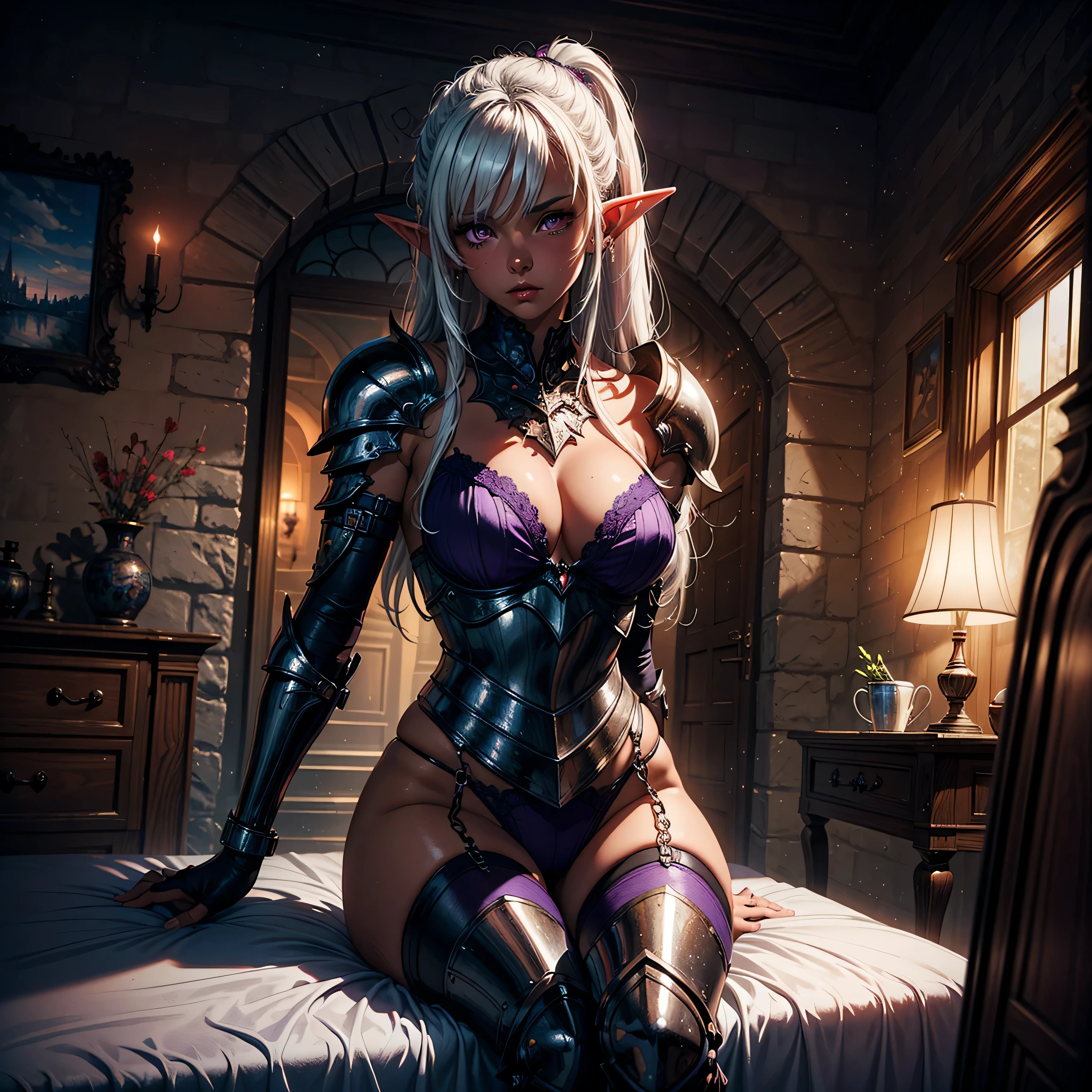 1girl, (solo), elf, long asymmetrical hair, white hair, long pointed ears, ((purple eyes!!)), serious, blushing, (medium breasts), dark skin, (knight), chainmail, plate armor, sitting on bed, medevial castle behind, medieval castle town, (days), (very sexy body, detailed face, detailed eyes, masterpiece, highly detailed, 8k, best quality, vibrant colors, digital art, concept art)