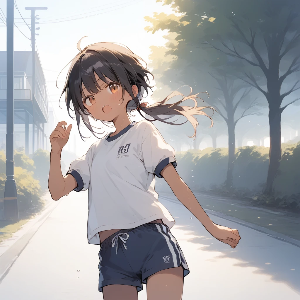 score_9, score_8_up, score_7_up, source_anime, best quality, masterpiece, official art, absurdres, highres, ultra-detailed,waifu2x,Collection: Slice of Life,break,1girl, tomboy, dark-skinned female, short hair, low ponytail, flat chest, beautiful detailed eyes, gym uniform, gym shorts, sweat, open mouth, (yawn:0.3), sleepily, outdoors, park, wind,break,(clear line illustration:1.2), super detailed skin,very high resolution, very aesthetic, Best sexual lighting powered by famous artist, 8k,cute picture,beauty illustration,photoshop_(medium),,(Detailed Lighting),best anime 8k konachan wallpaper, pixiv contest winner,